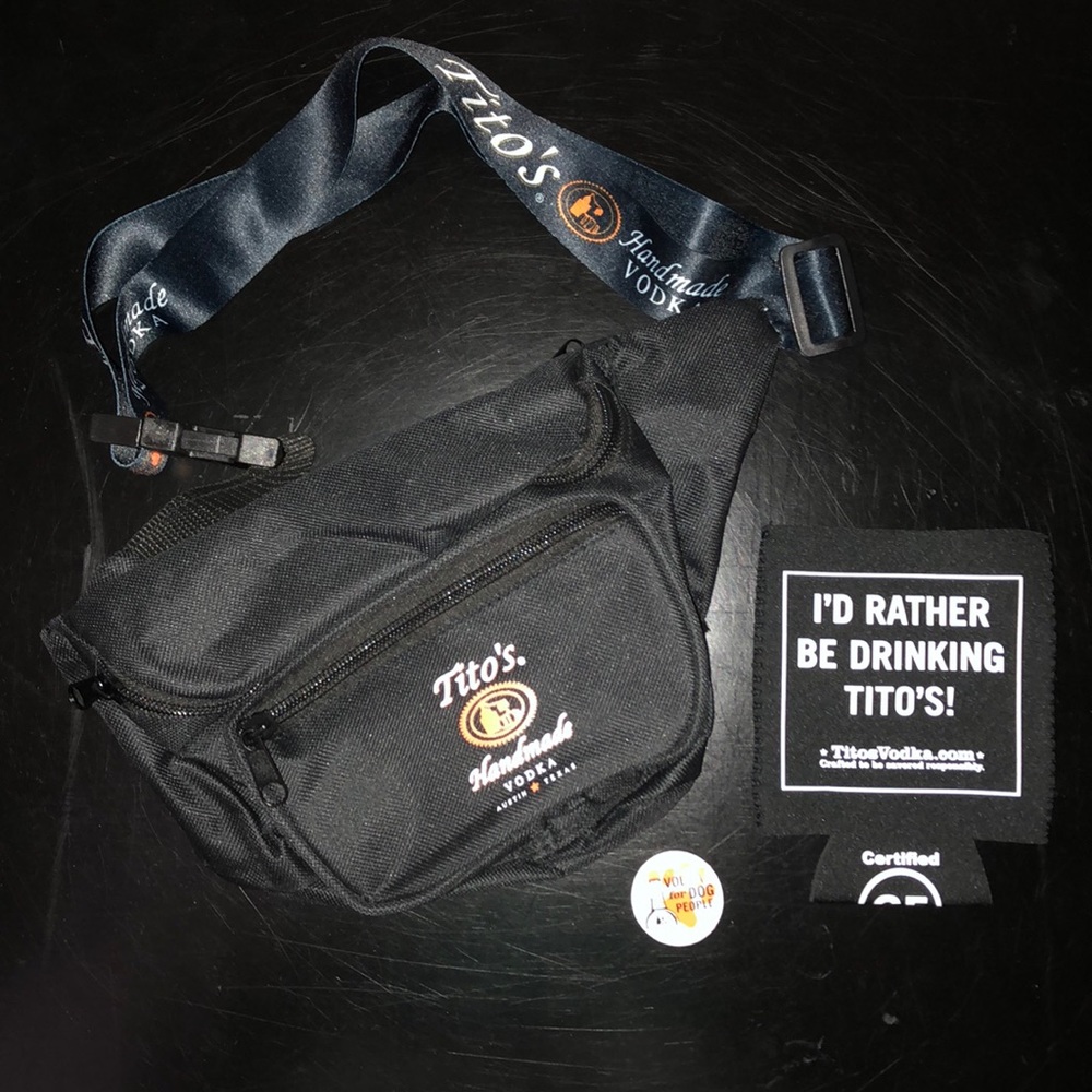 Tito’s Vodka Black Fanny Pack, Koozie, Dog Button